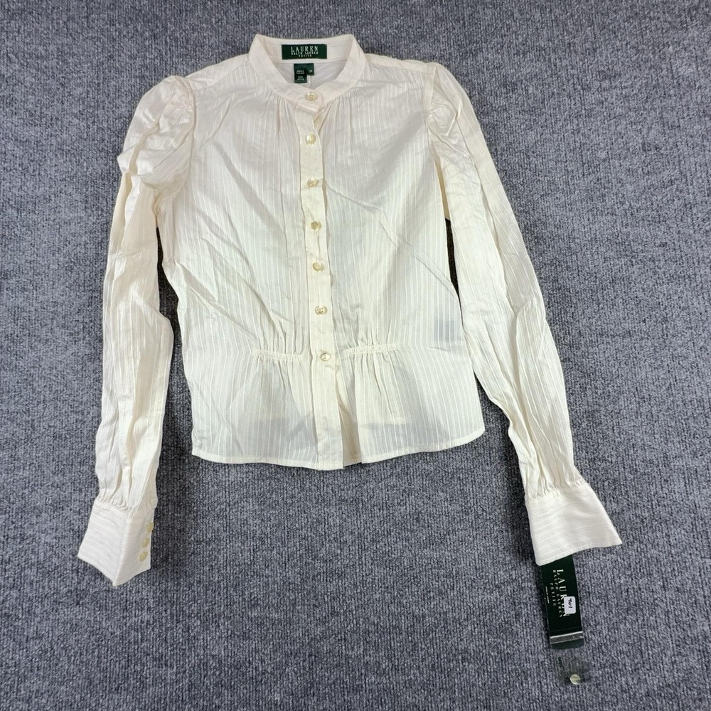 Lauren Ralph Lauren Blouse Womens Petite 2P White Striped Button Long Sleeve Top